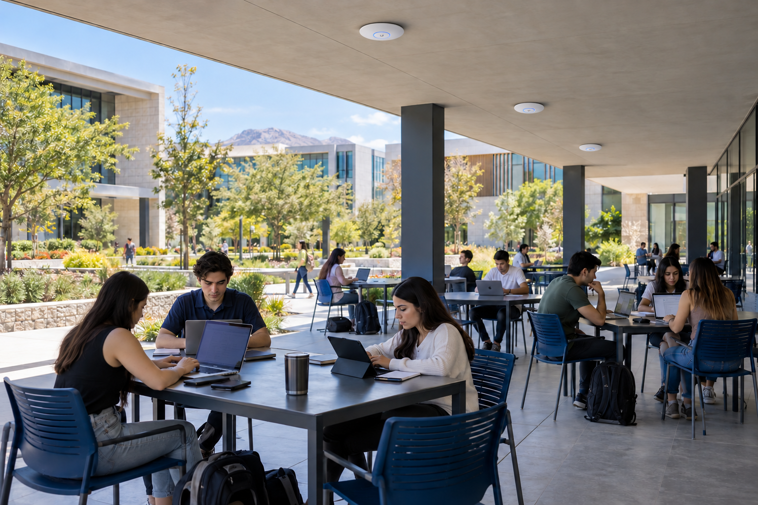Estudiantes con laptops y tabletas en una terraza universitaria con puntos de acceso Ubiquiti UniFi: imagen conceptual