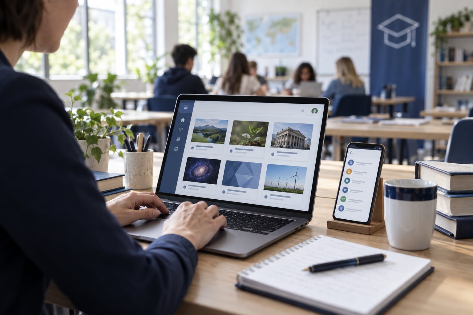 Docente utilizando una plataforma educativa en computadora y teléfono: concepto generado con IA