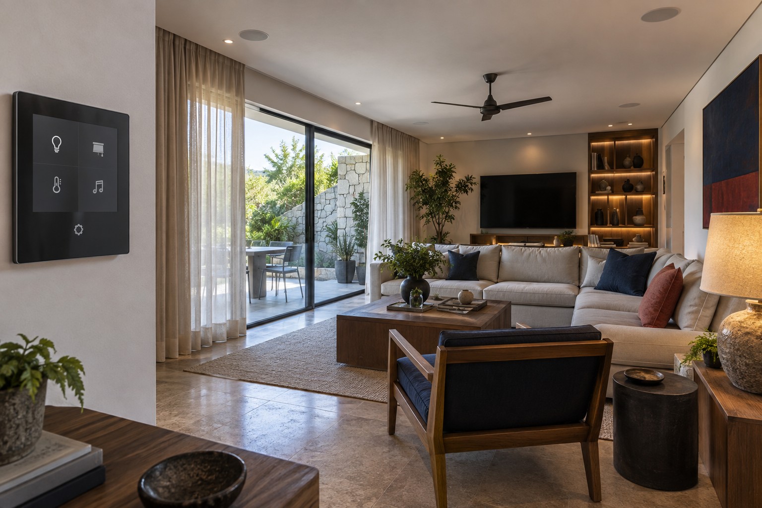 Imagen ilustrativa generada con IA: sala residencial con automatización y audio; no corresponde al proyecto real