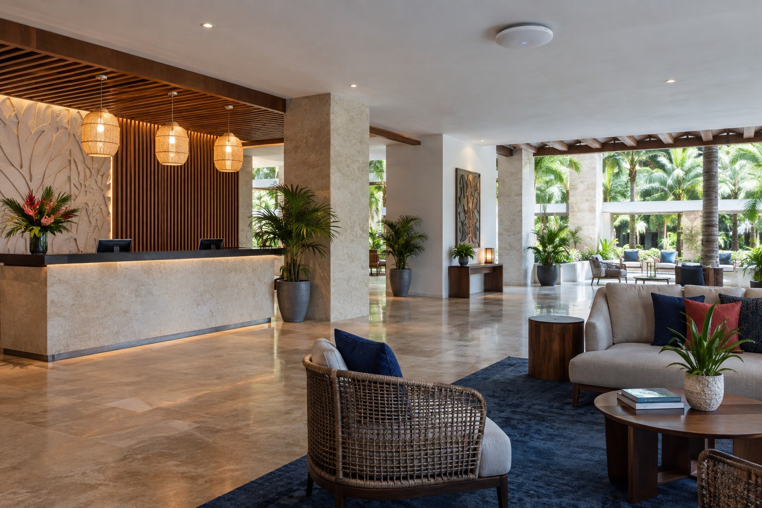 Imagen ilustrativa generada con IA: vestíbulo de hotel con conectividad wifi; no corresponde al proyecto real