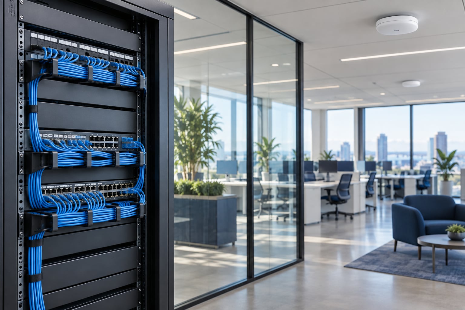 Red cableada y puntos de acceso WiFi en una oficina: concepto generado con IA