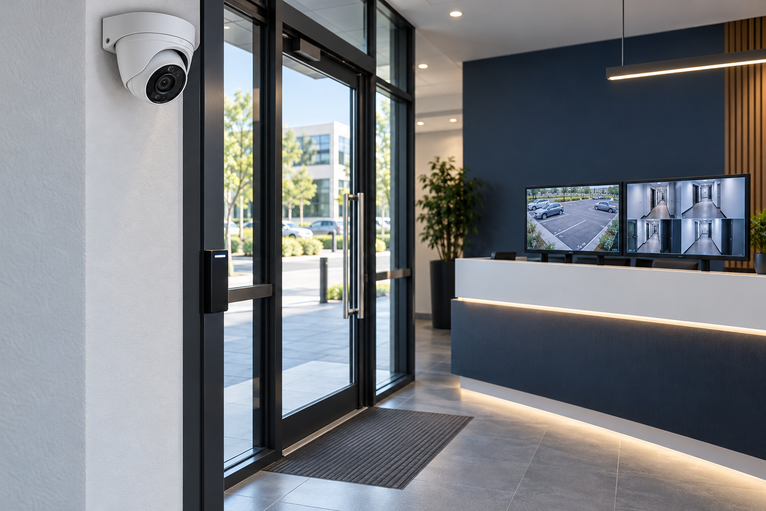 Cámara IP, lector de acceso y monitores de videovigilancia en una recepción: imagen conceptual
