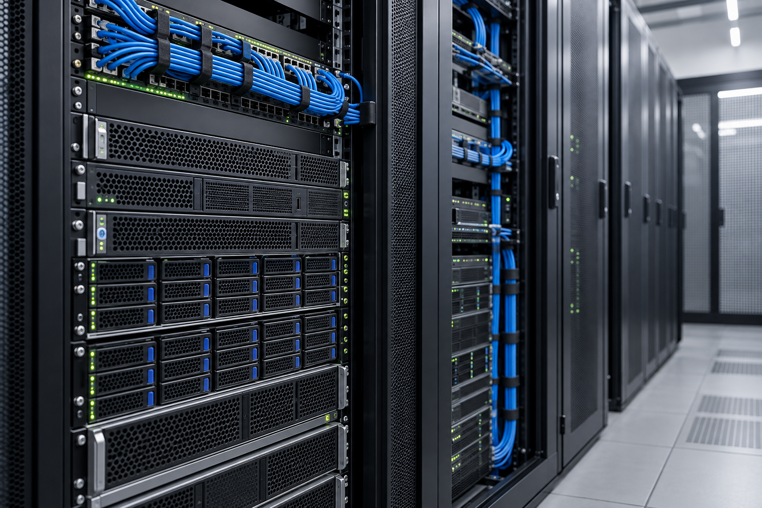 Racks de servidores y almacenamiento con cableado organizado: imagen conceptual